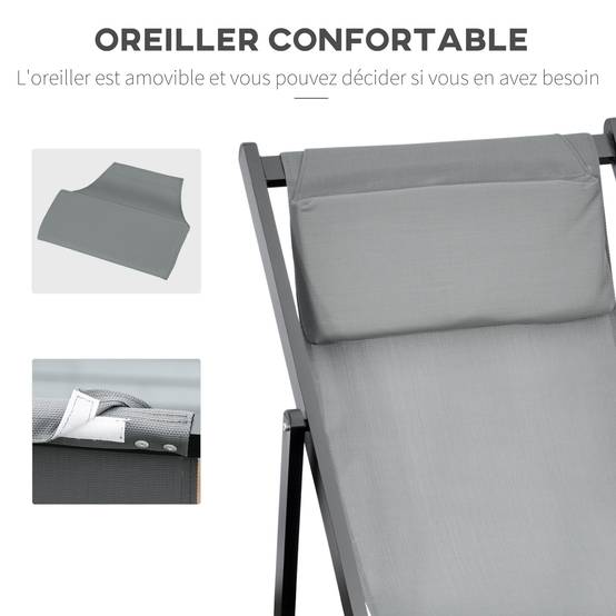 Outsunny - Lot de 2 chaises longues pliantes avec appuie-tête 60x100x85 cm transat inclinable jardin plage camping piscine textilène gris foncé - Outsunny - Image 7