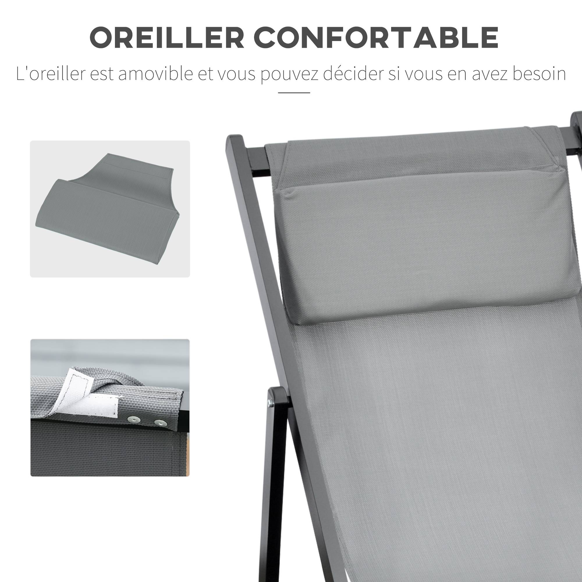 Outsunny - Lot de 2 chaises longues pliantes avec appuie-tête 60x100x85 cm transat inclinable jardin plage camping piscine textilène gris foncé - Outsunny - Image 7
