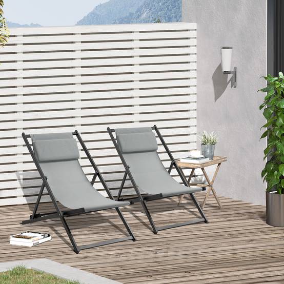 Outsunny - Lot de 2 chaises longues pliantes avec appuie-tête 60x100x85 cm transat inclinable jardin plage camping piscine textilène gris foncé - Outsunny - Image 4