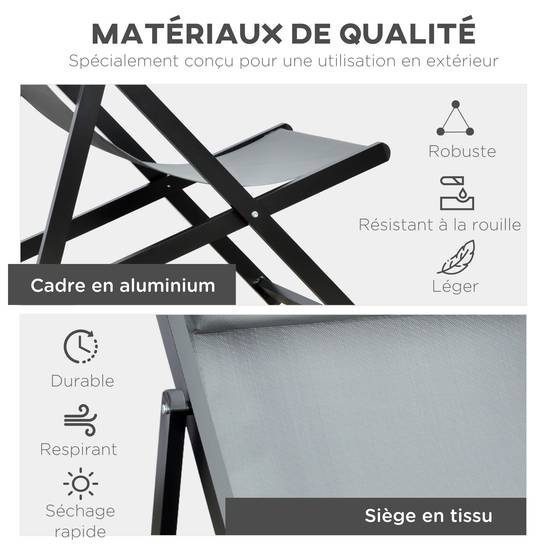 Outsunny - Lot de 2 chaises longues pliantes avec appuie-tête 60x100x85 cm transat inclinable jardin plage camping piscine textilène gris foncé - Outsunny - Image 6