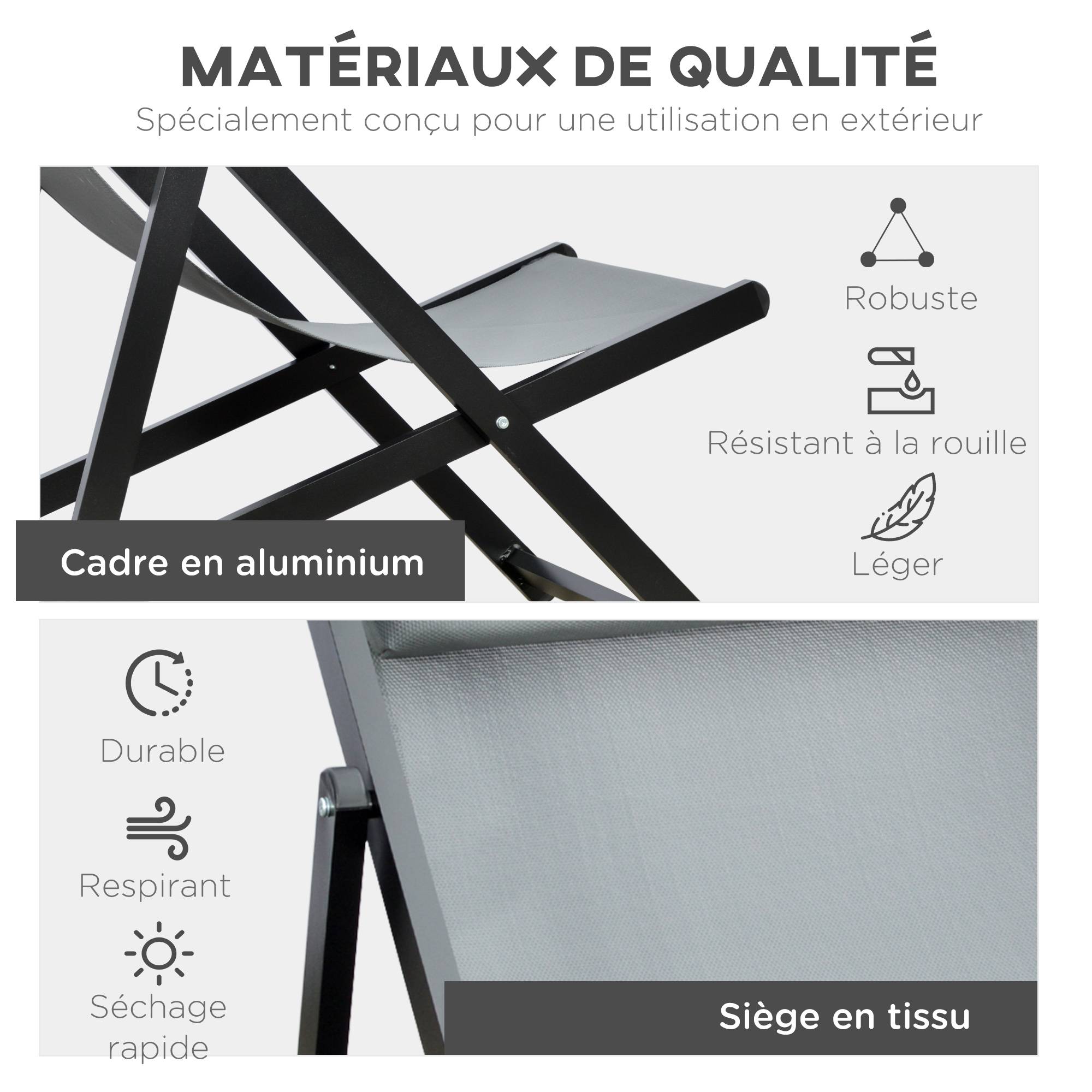 Outsunny - Lot de 2 chaises longues pliantes avec appuie-tête 60x100x85 cm transat inclinable jardin plage camping piscine textilène gris foncé - Outsunny - Image 6