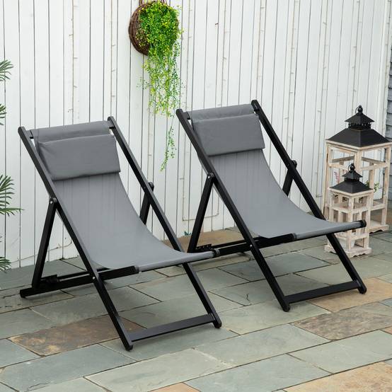 Outsunny - Lot de 2 chaises longues pliantes avec appuie-tête 60x100x85 cm transat inclinable jardin plage camping piscine textilène gris foncé - Outsunny - Image 2