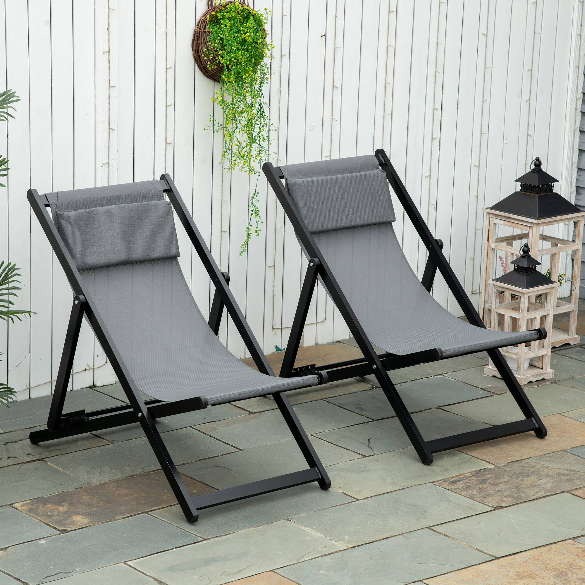 Outsunny - Lot de 2 chaises longues pliantes avec appuie-tête 60x100x85 cm transat inclinable jardin plage camping piscine textilène gris foncé - Outsunny - Image 2