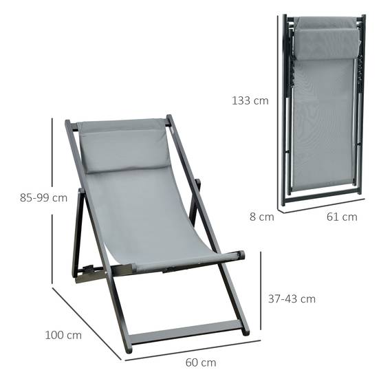 Outsunny - Lot de 2 chaises longues pliantes avec appuie-tête 60x100x85 cm transat inclinable jardin plage camping piscine textilène gris foncé - Outsunny - Image 3