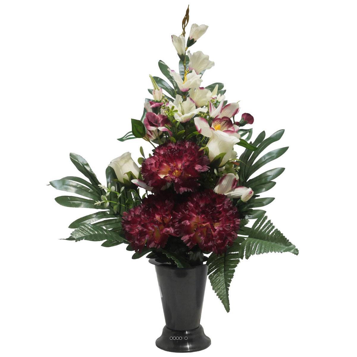 Artificielles - Pot Cone de fleurs artificielles oeillet, Bouton de rose, Orchidée et Glaieul Pourpre pour Toussaint - couleur: Pourpre - Imagen 1