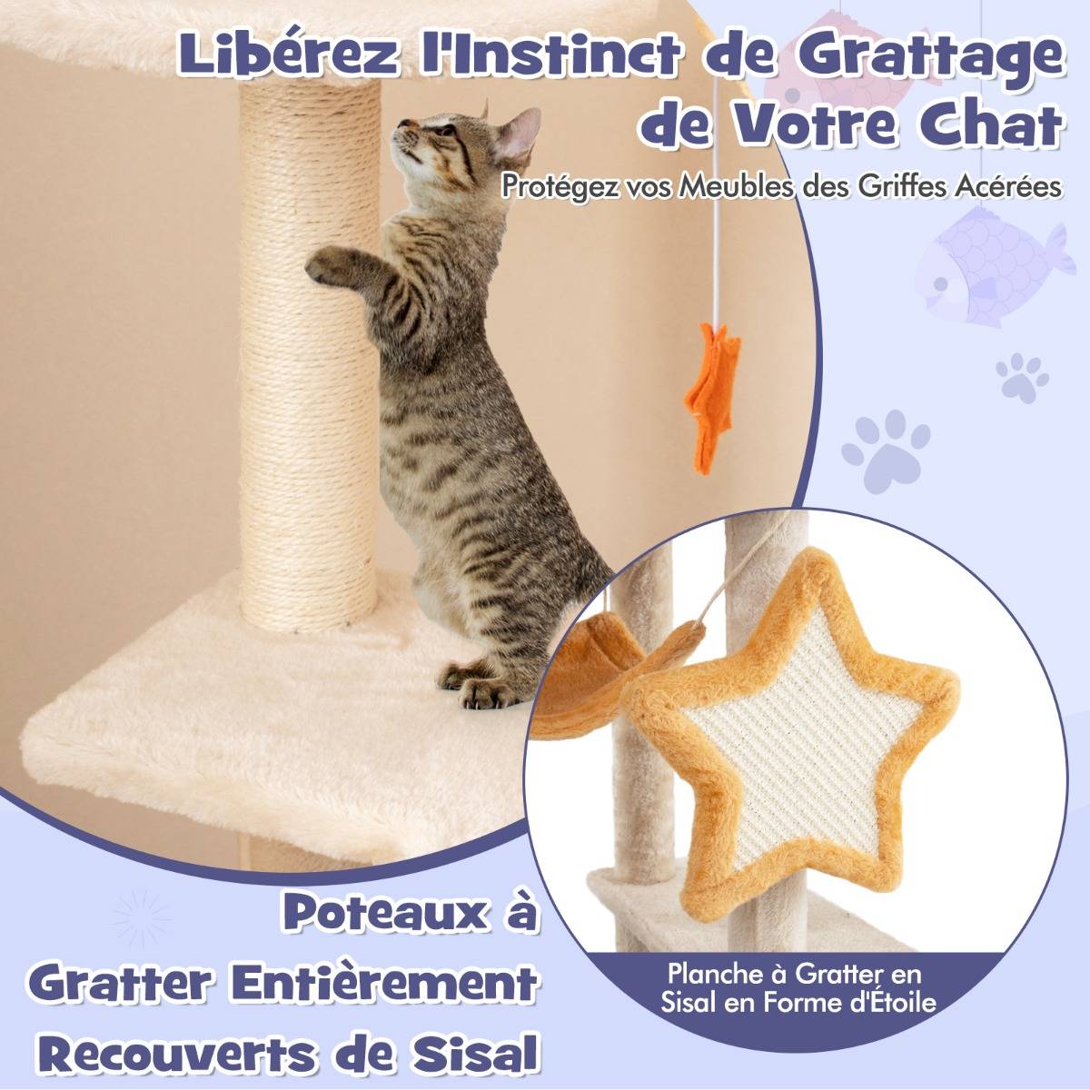 Arbre à Chat Mignon de 160cm avec Poteaux et Planche à Gratter en Sisal Condo Perchoir - Image 7