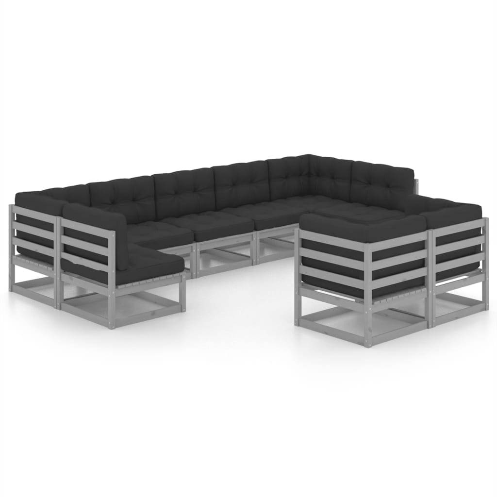 Helloshop26 - Salon de jardin meuble d'extérieur ensemble de mobilier 9 pièces avec coussins gris bois de pin massif - Imagen 1
