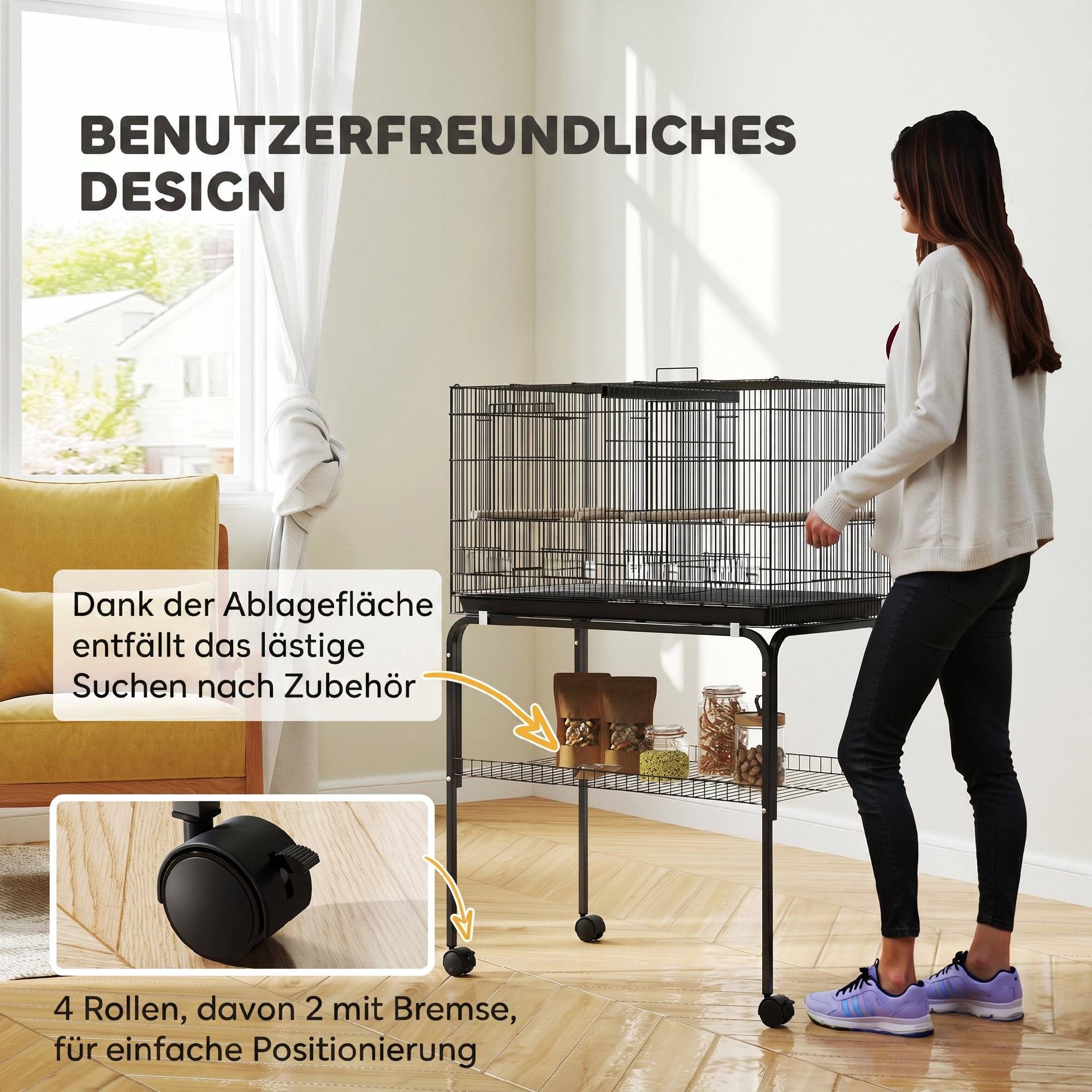 ComfortXL - Grande cage à oiseaux acier 76 x 46 x 116 cm noire sur roulettes pour perruches avec séparation et rangement - Image 8