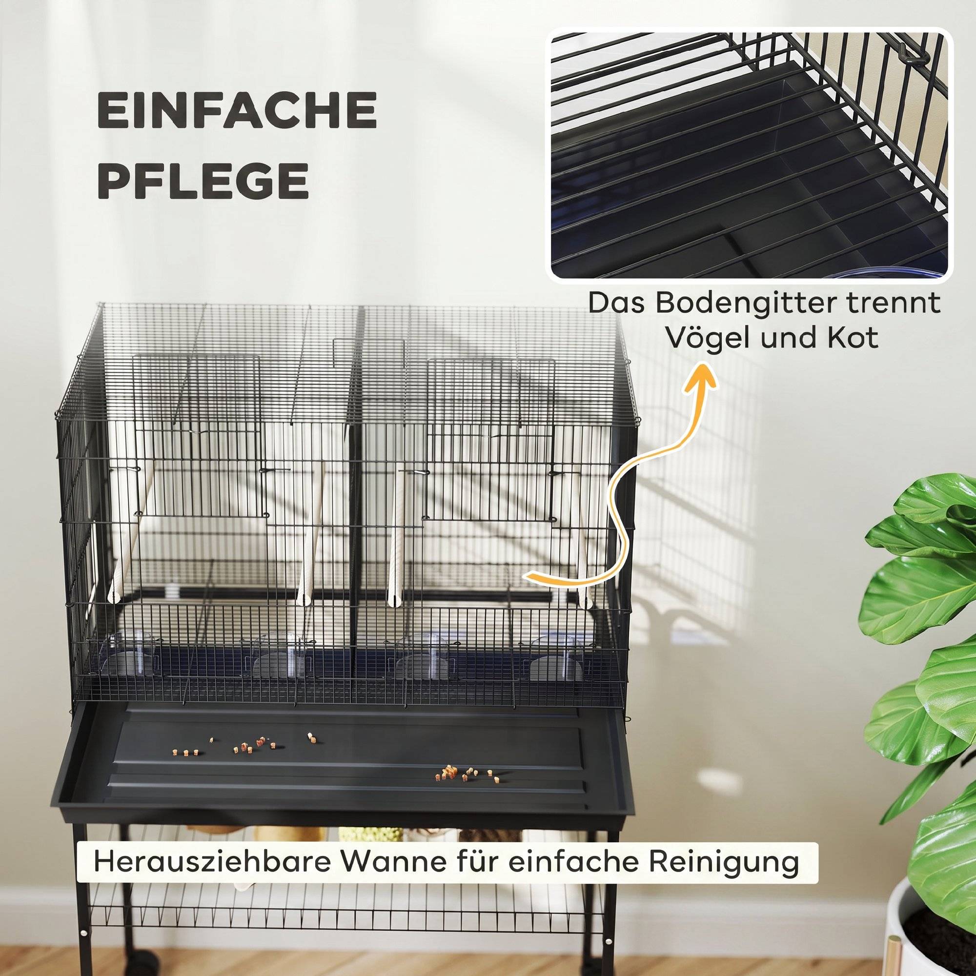ComfortXL - Grande cage à oiseaux acier 76 x 46 x 116 cm noire sur roulettes pour perruches avec séparation et rangement - Image 7