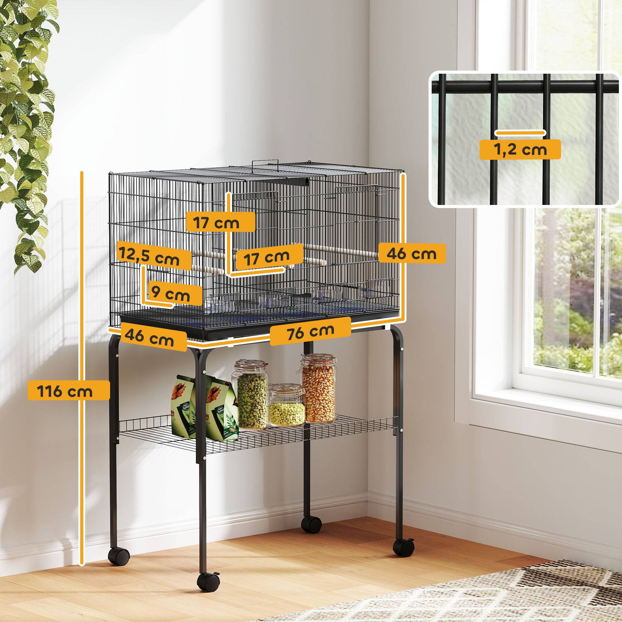 ComfortXL - Grande cage à oiseaux acier 76 x 46 x 116 cm noire sur roulettes pour perruches avec séparation et rangement - Image 3