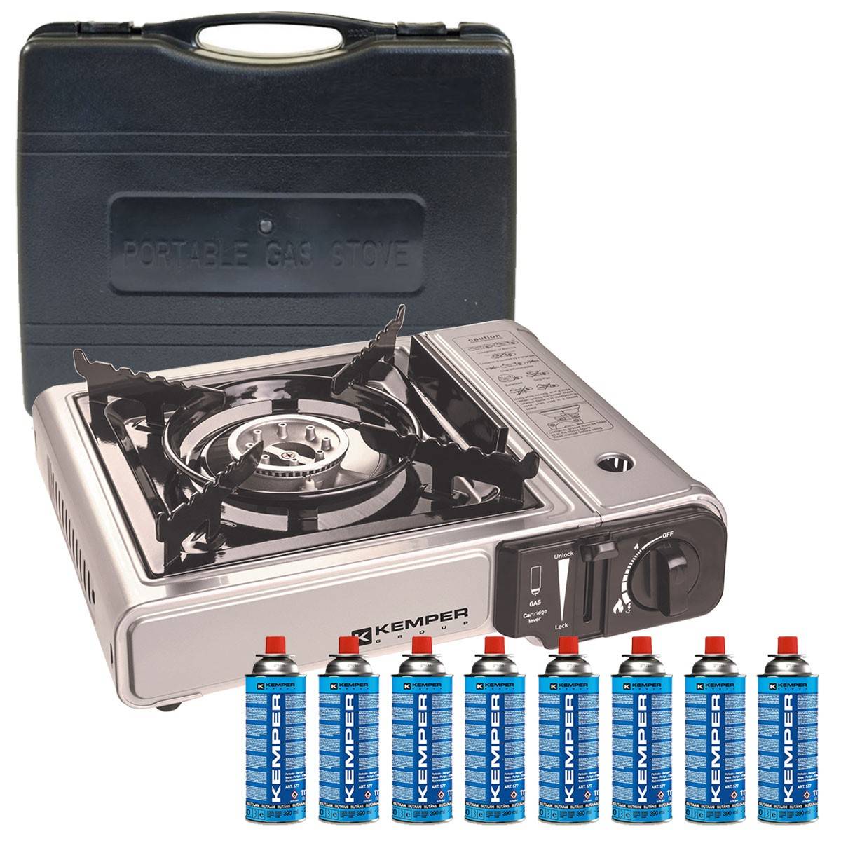 Réchaud à gaz 2200W + 8 cartouches de gaz Détendeur de pression Double système de sécurité. Puissance réglable KEMPER - Imagen 2