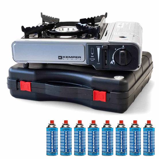 Réchaud à gaz 2200W + 8 cartouches de gaz Détendeur de pression Double système de sécurité. Puissance réglable KEMPER - Imagen 1