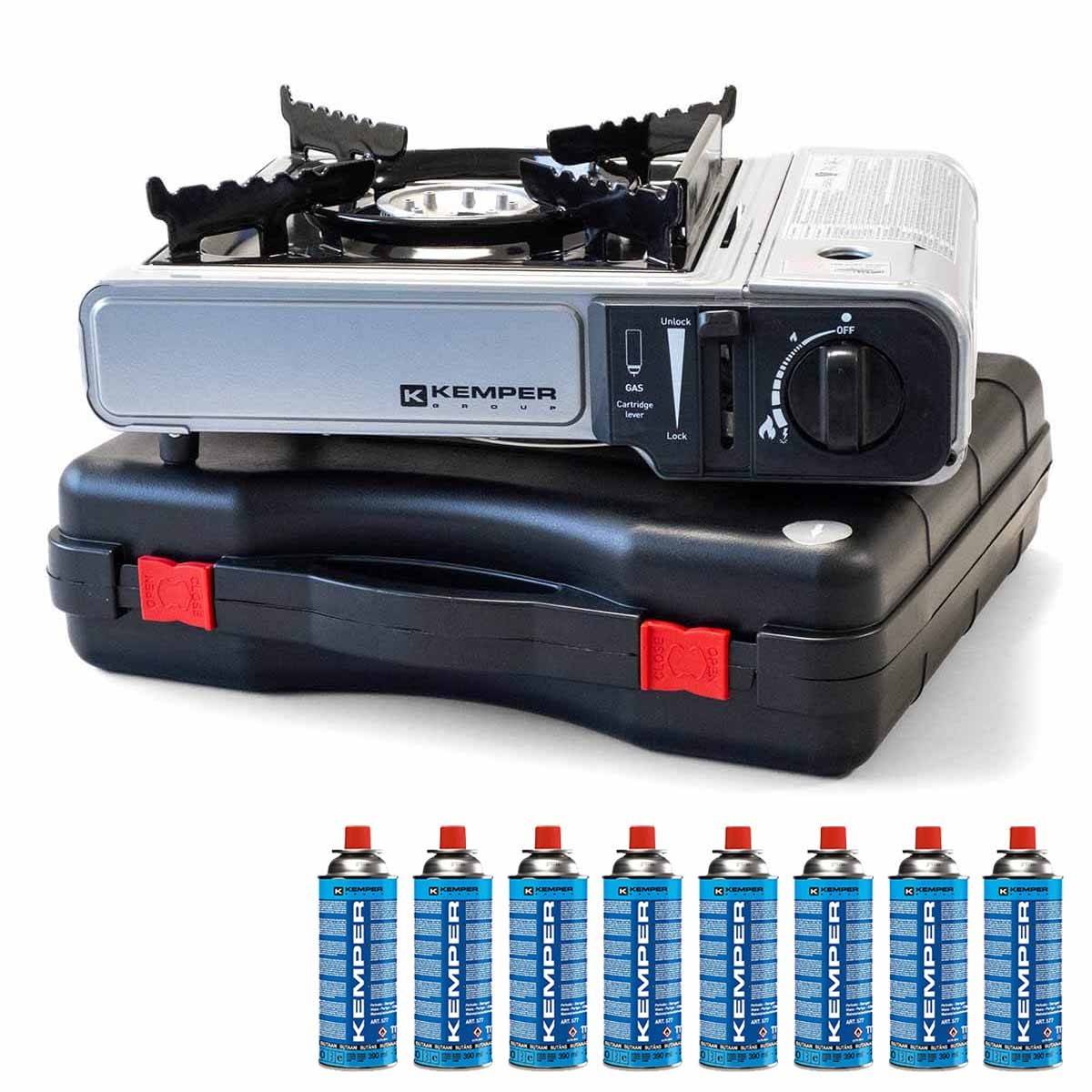 Réchaud à gaz 2200W + 8 cartouches de gaz Détendeur de pression Double système de sécurité. Puissance réglable KEMPER - Imagen 1