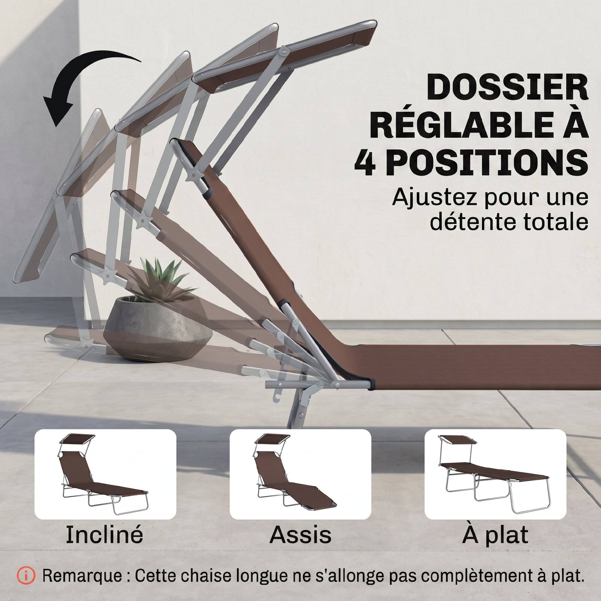 Outsunny - Transat bain de soleil pliable grand confort dossier et pare-soleil réglable multi-positions chocolat - Outsunny - Imagen 5