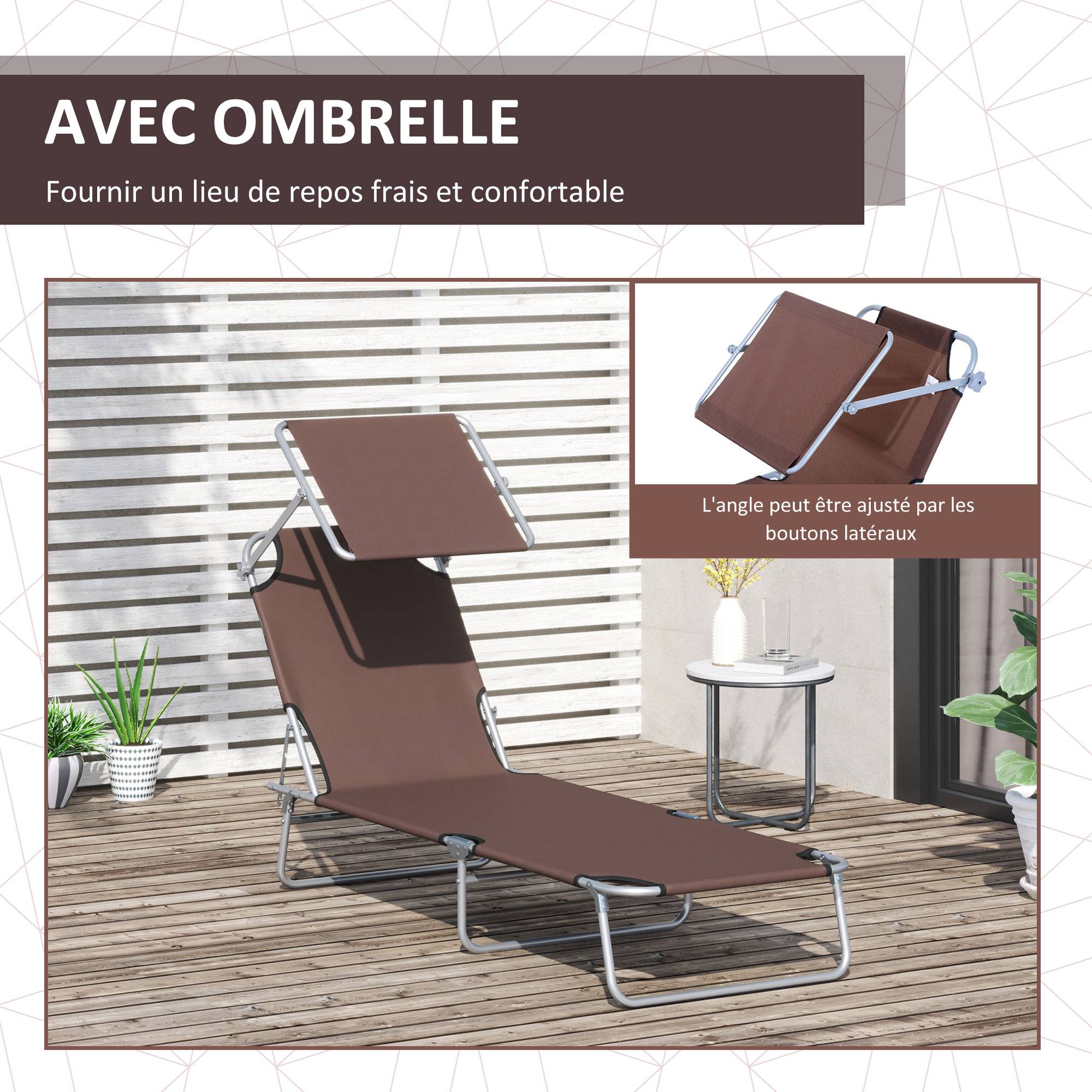 Outsunny - Transat bain de soleil pliable grand confort dossier et pare-soleil réglable multi-positions chocolat - Outsunny - Imagen 7