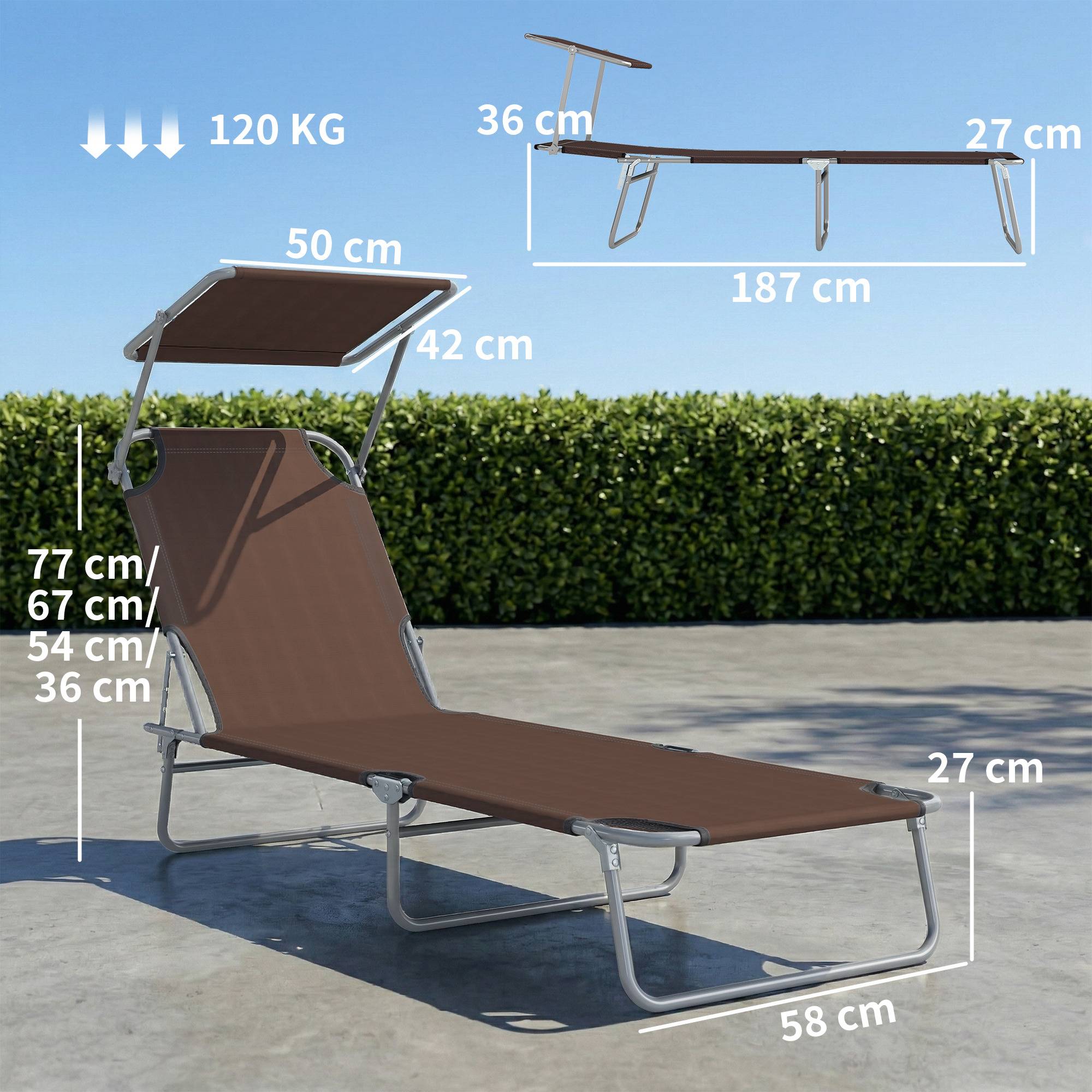Outsunny - Transat bain de soleil pliable grand confort dossier et pare-soleil réglable multi-positions chocolat - Outsunny - Imagen 3