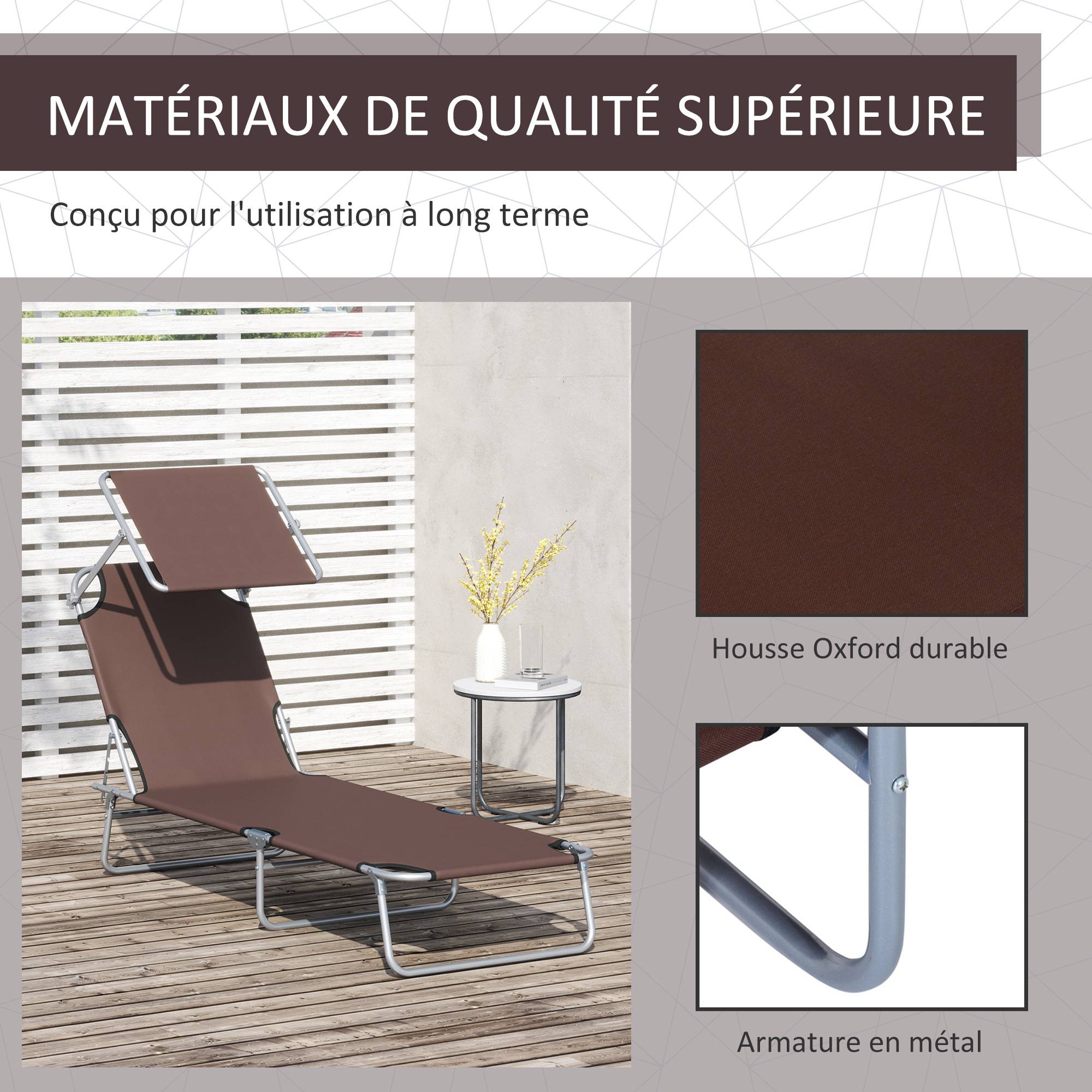 Outsunny - Transat bain de soleil pliable grand confort dossier et pare-soleil réglable multi-positions chocolat - Outsunny - Imagen 8