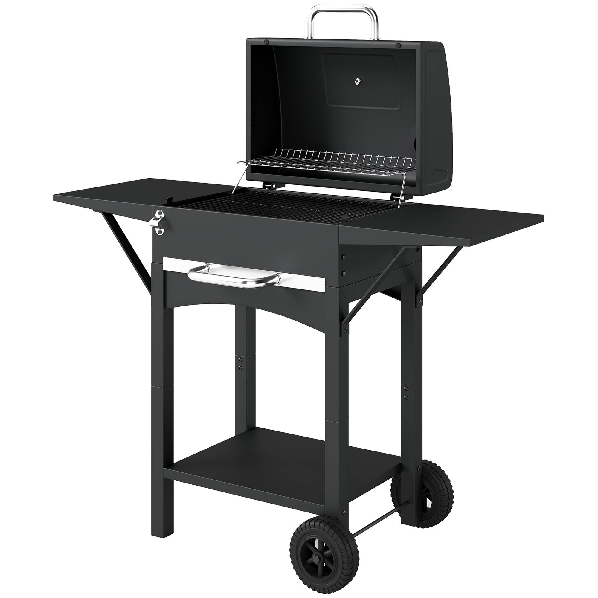 Sans Marque - Barbecue au charbon de bois avec 2 étagères latérales, thermomètre, couvercle et roulettes, 110 x 46,5 x 101 cm, noir - Image 2