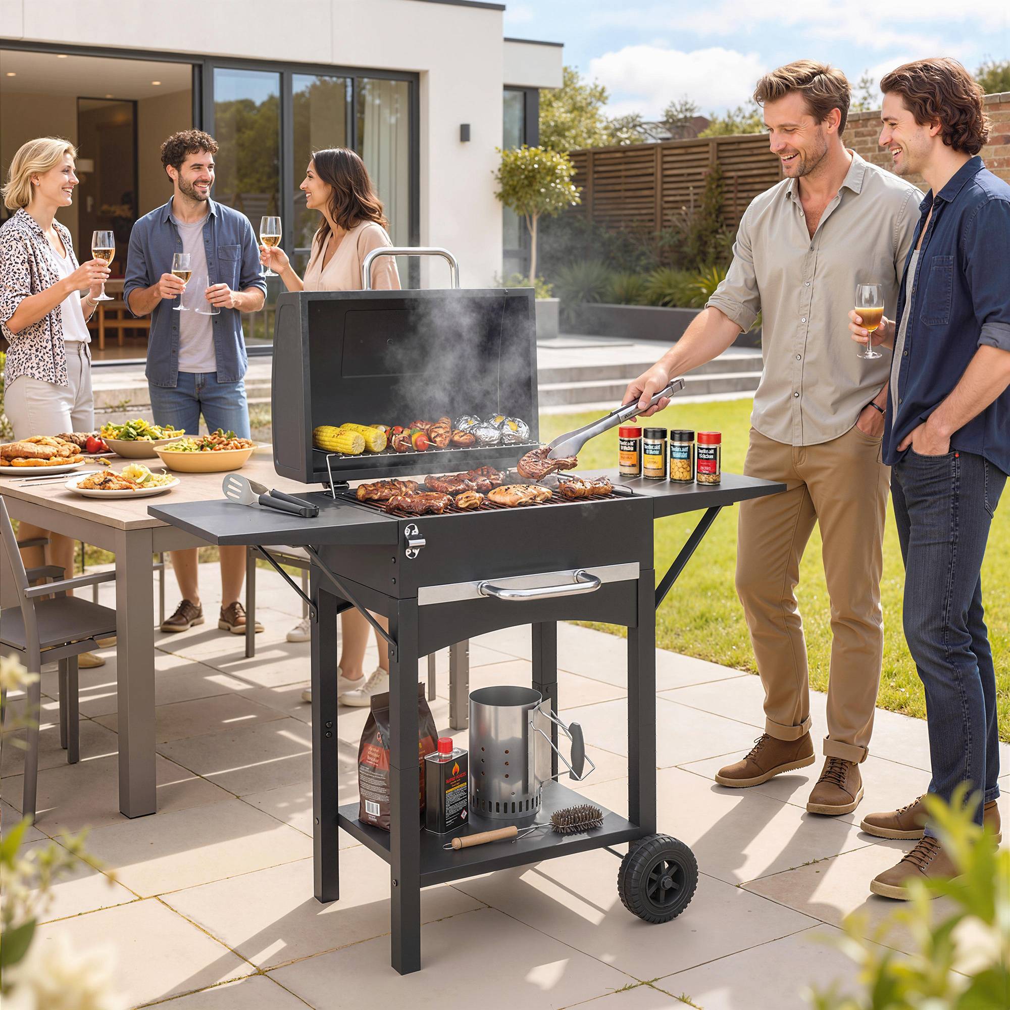 Sans Marque - Barbecue au charbon de bois avec 2 étagères latérales, thermomètre, couvercle et roulettes, 110 x 46,5 x 101 cm, noir - Image 4