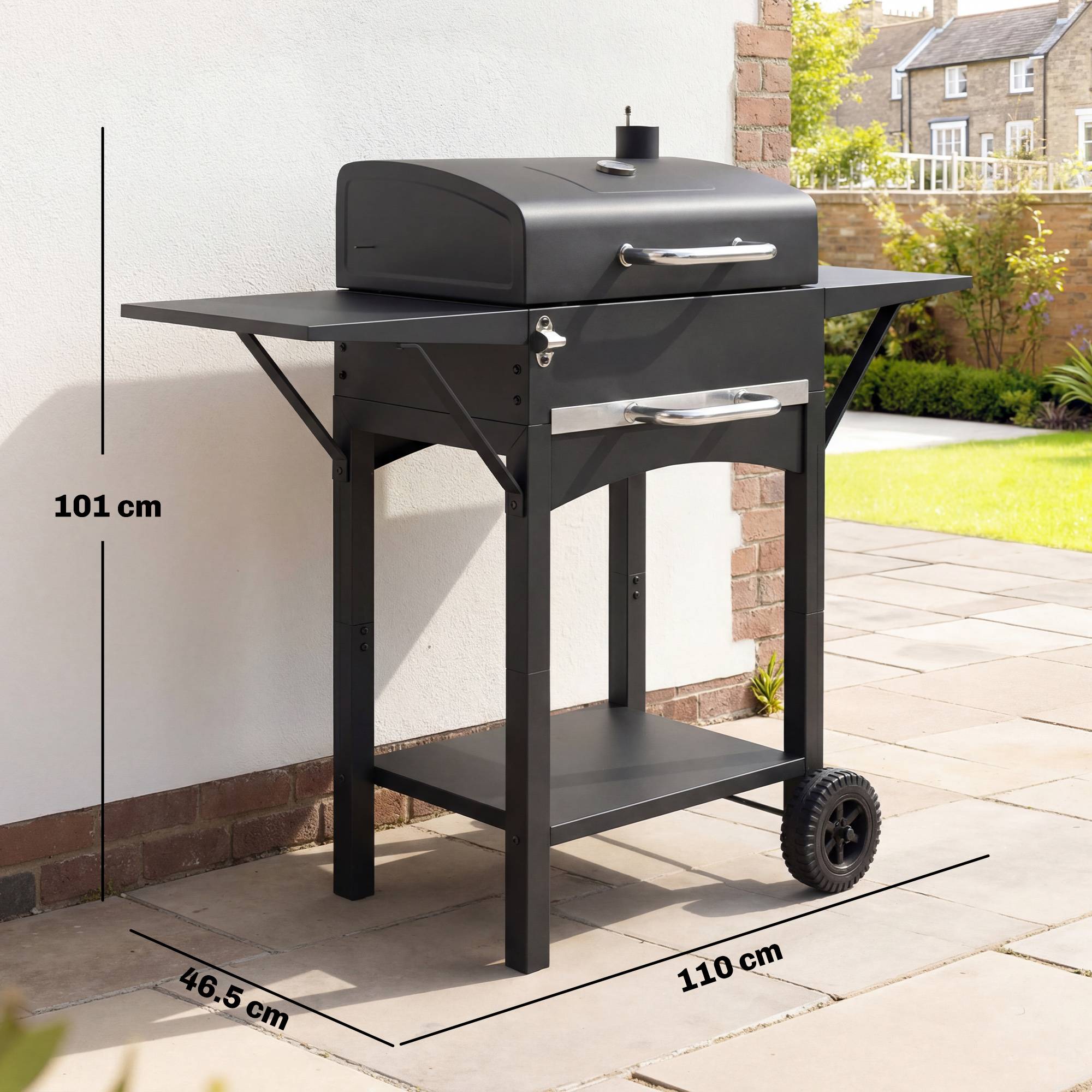 Sans Marque - Barbecue au charbon de bois avec 2 étagères latérales, thermomètre, couvercle et roulettes, 110 x 46,5 x 101 cm, noir - Image 5
