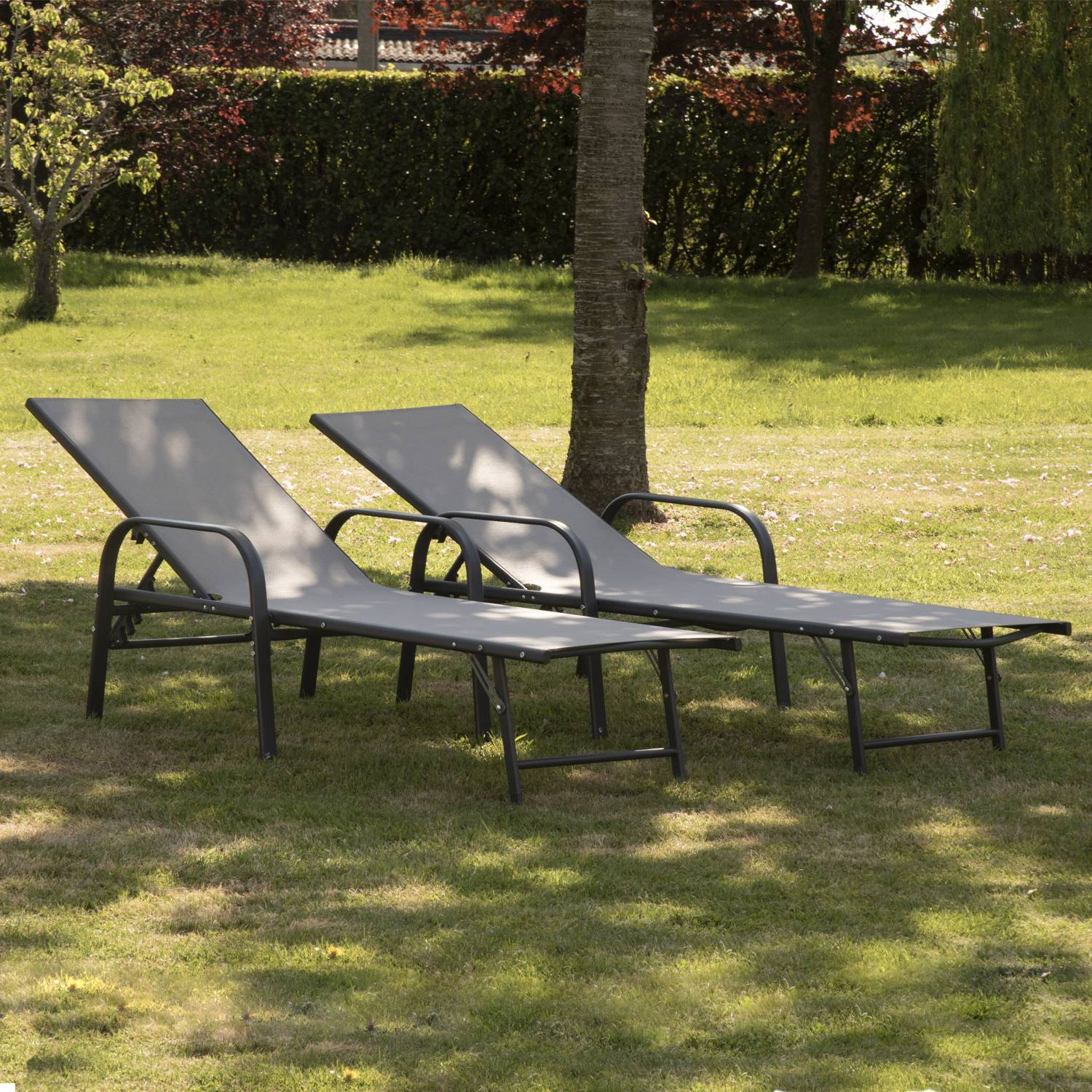 Lot de 2 bains de soleil SARDINIA en textilène gris - structure anthracite - HAPPY GARDEN - Image 10
