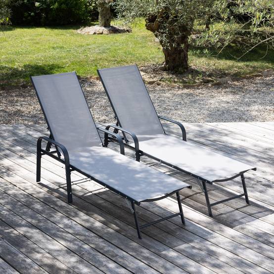 Lot de 2 bains de soleil SARDINIA en textilène gris - structure anthracite - HAPPY GARDEN - Image 2