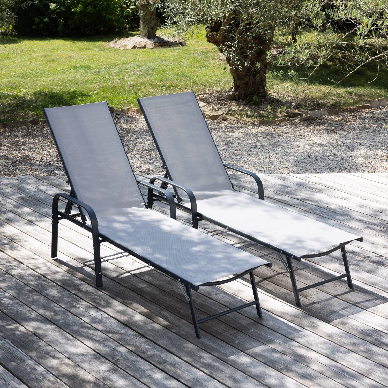 Lot de 2 bains de soleil SARDINIA en textilène gris - structure anthracite - HAPPY GARDEN - Image 2