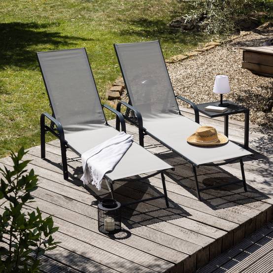 Lot de 2 bains de soleil SARDINIA en textilène gris - structure anthracite - HAPPY GARDEN - Image 9