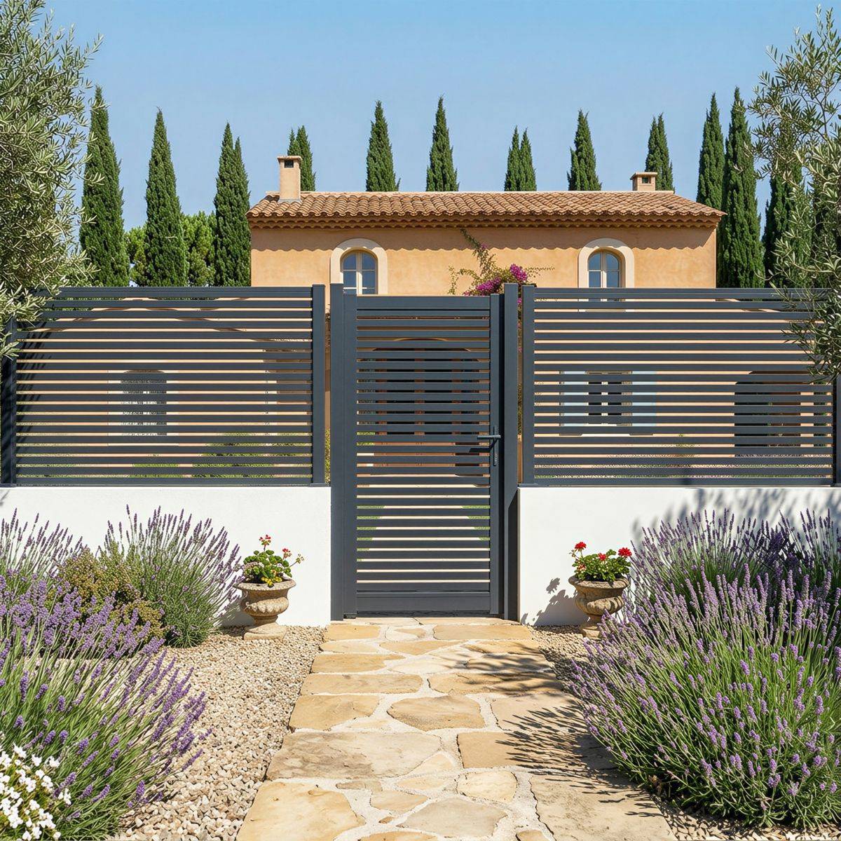 Kit Portillon Aluminium OLINDA 45mm Gris sur Platine - Hauteur : 183cm - Largeur max : 120 cm - Compatible clôture OLINDA - Image 2
