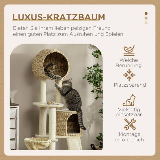 Arbre à chat avec niche en rotin, plusieurs plateformes, hamac et rampe, dispositif anti-basculement, peluche, beige, 60 x 60 x 150 cm - Image 6