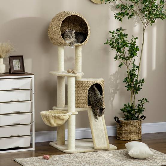 Arbre à chat avec niche en rotin, plusieurs plateformes, hamac et rampe, dispositif anti-basculement, peluche, beige, 60 x 60 x 150 cm - Image 2