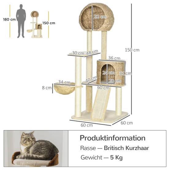 Arbre à chat avec niche en rotin, plusieurs plateformes, hamac et rampe, dispositif anti-basculement, peluche, beige, 60 x 60 x 150 cm - Image 3