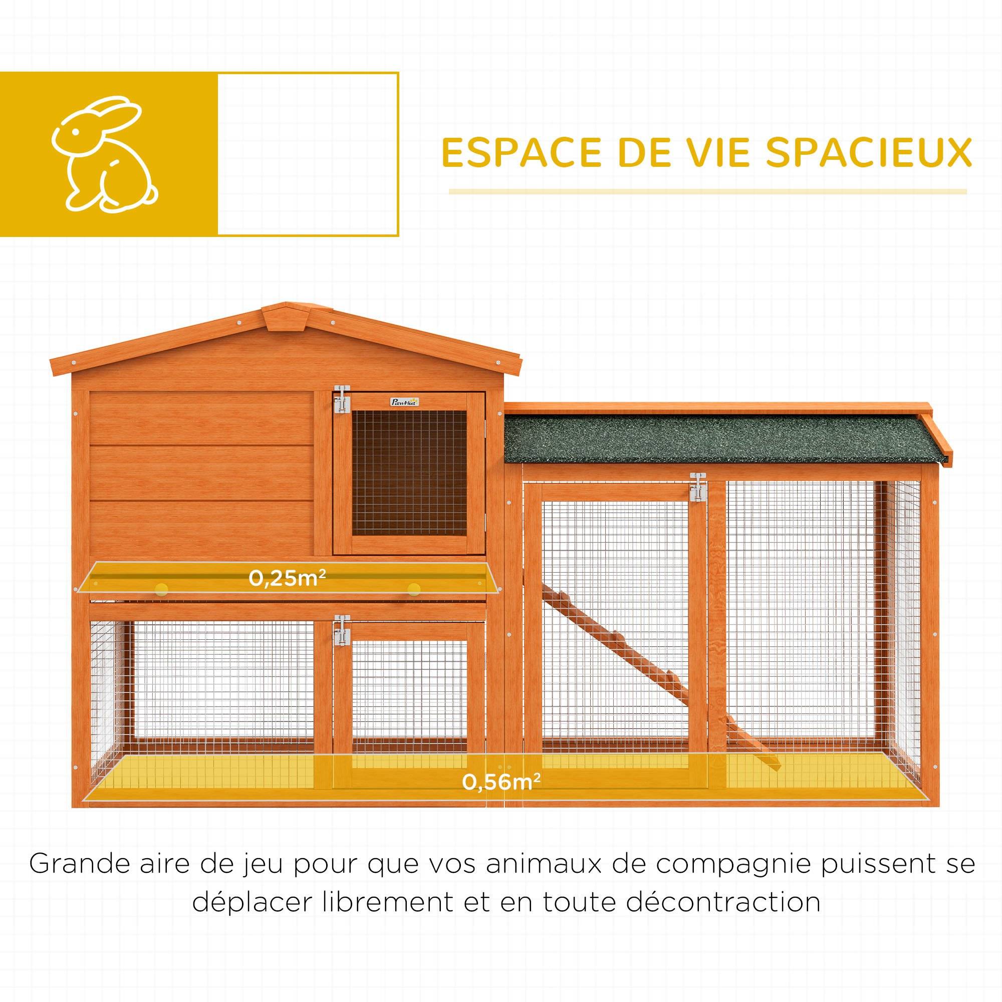 Clapier lapin rongeur bois massif extérieur 2 niveaux tiroir déjection 150x45x85cm rouge - ComfortXL Outdoor Living - Image 6
