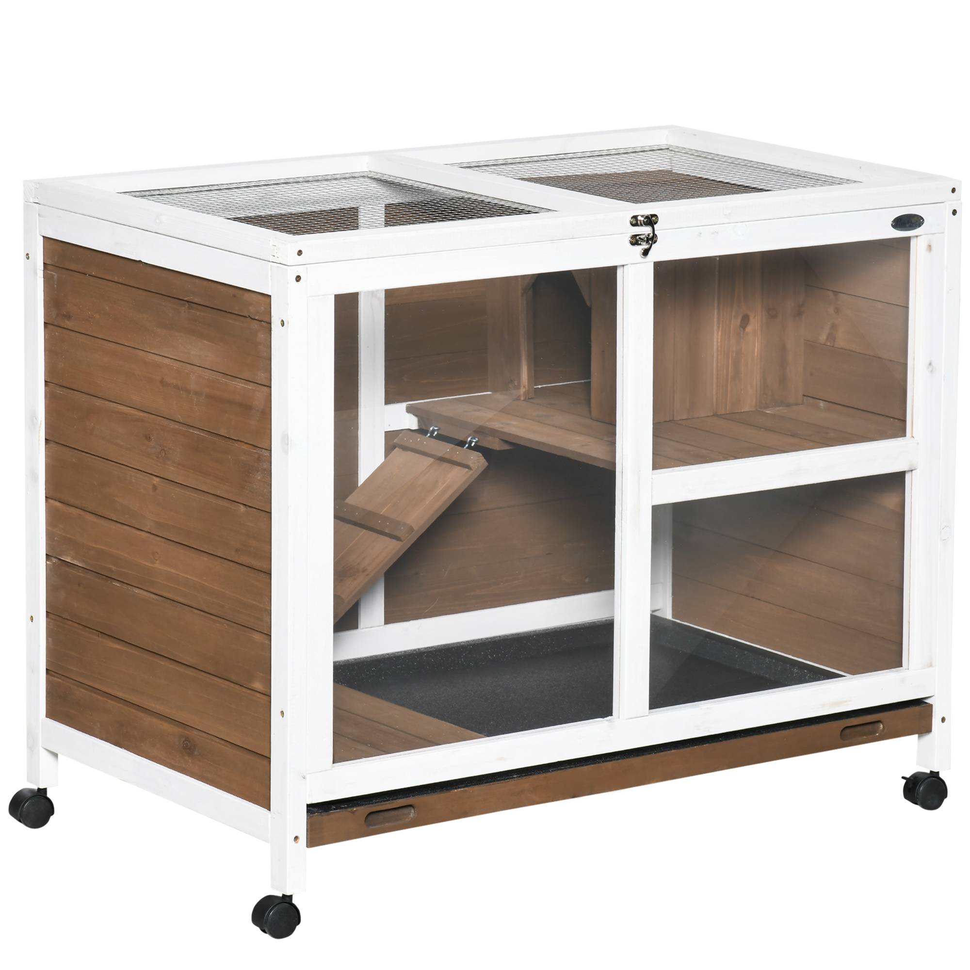 Clapier intérieur 2 niveaux bois rongeurs sur roulettes 91.5x53.3x73cm marron - ComfortXL Outdoor Living - Image 1
