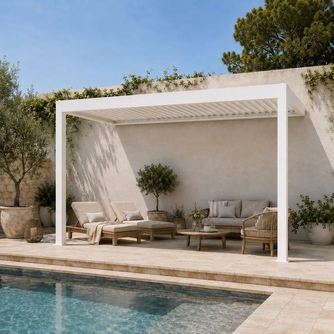 Pergola Bioclimatique Aluminium Adossée Motorisée Éclairée 4x3,5 Blanc SV ORIAL France - Image 1