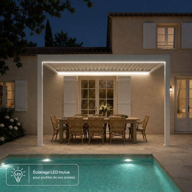 Pergola Bioclimatique Aluminium Adossée Motorisée Éclairée 4x3,5 Blanc SV ORIAL France - Image 3