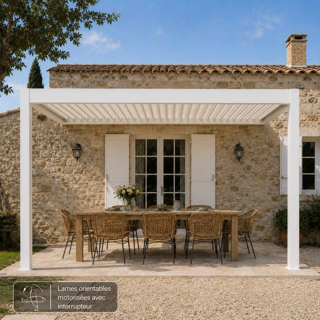 Pergola Bioclimatique Aluminium Adossée Motorisée Éclairée 4x3,5 Blanc SV ORIAL France - Image 4