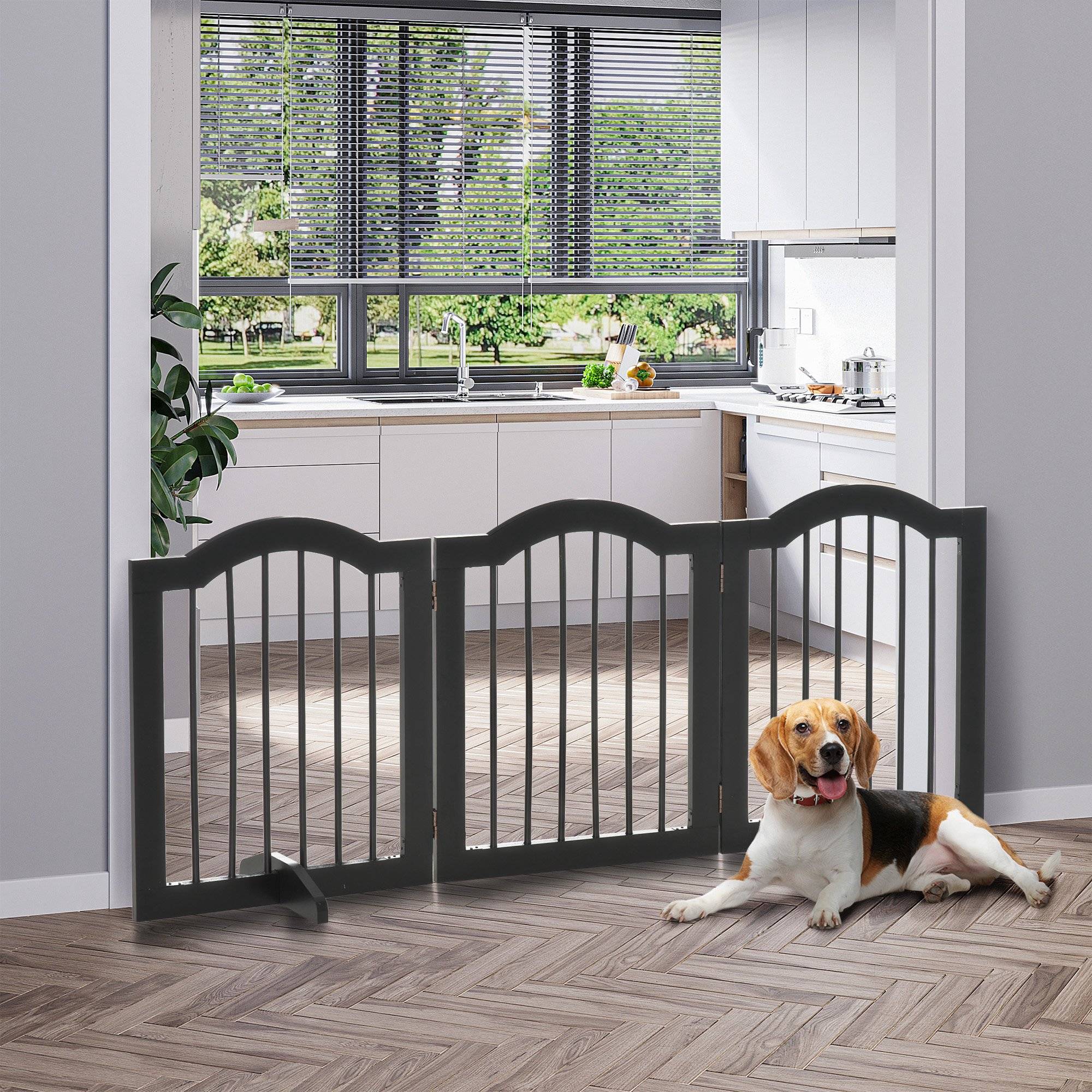 Barrière pour chien 3 parties, 154,5 x 61 cm, pliable avec porte, 2 pieds, autoportante, cuisine, noir - Image 3