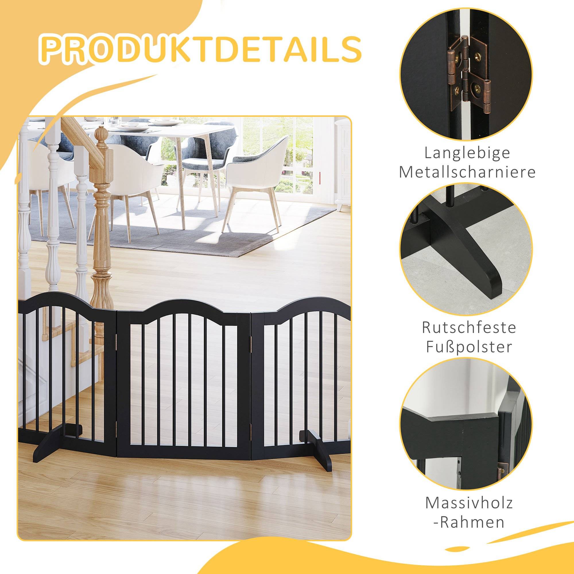 Barrière pour chien 3 parties, 154,5 x 61 cm, pliable avec porte, 2 pieds, autoportante, cuisine, noir - Image 7