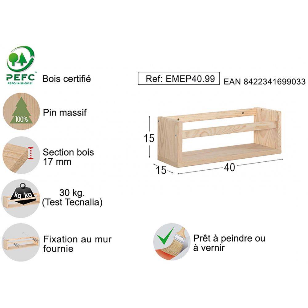 Étagère avec barre centrale en pin Kit Line 40 cm Astigarraga - Imagen 3