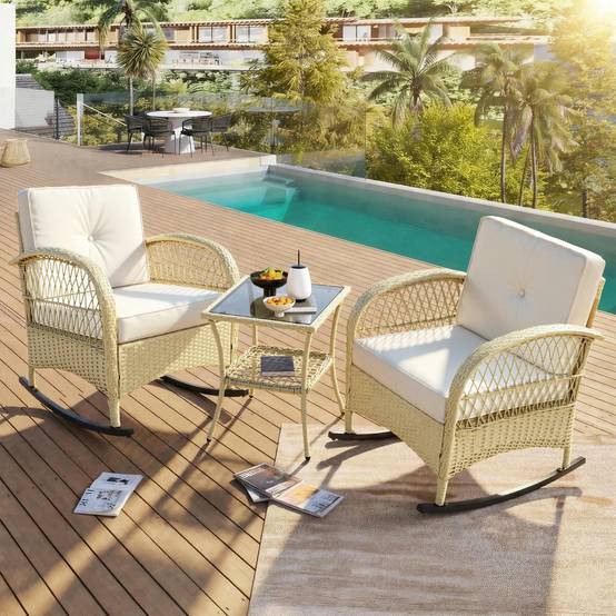 Salon de jardin 3 pièces résine tressée balcon terrasse fauteuils à bascule beige - ComfortXL Outdoor Living - Image 1