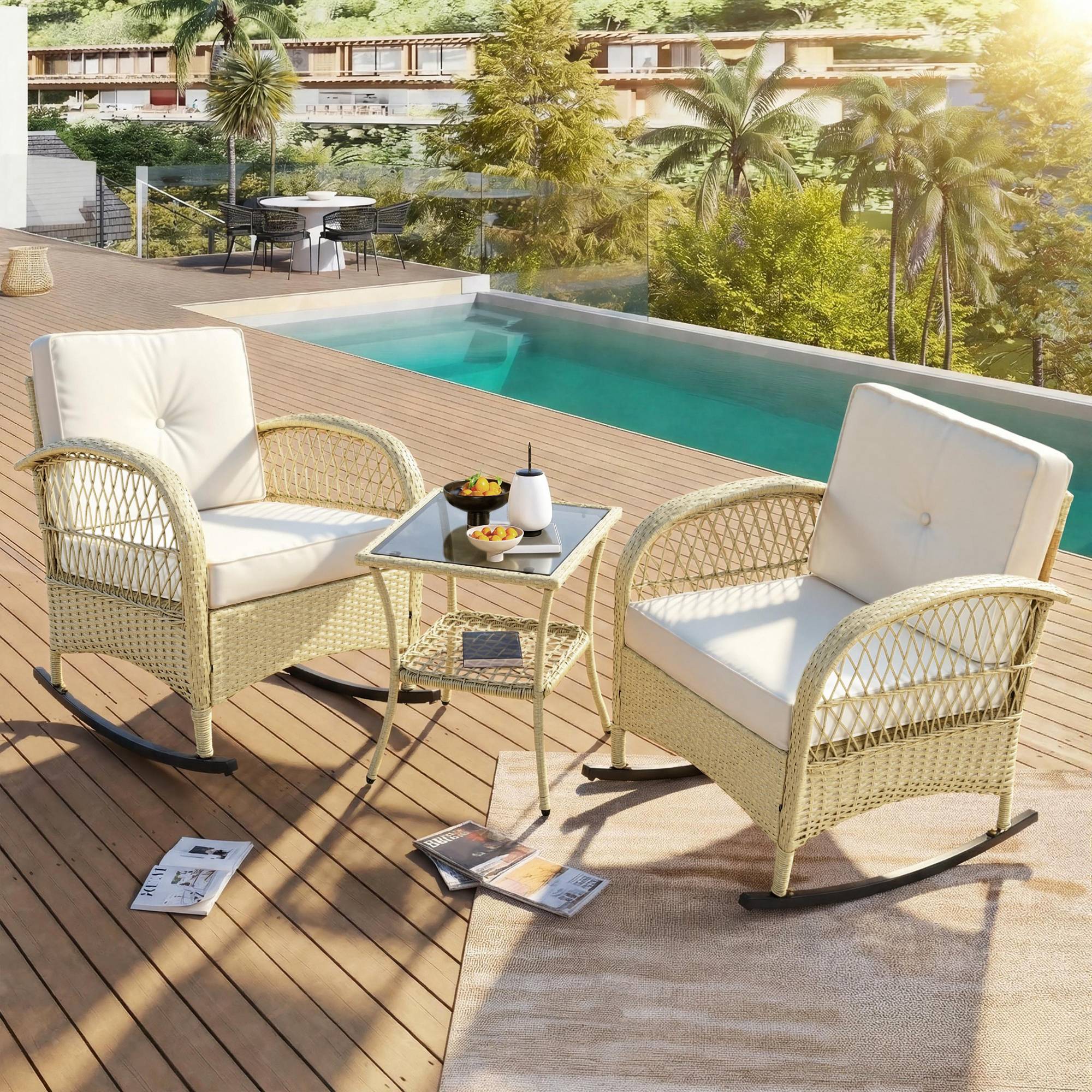Salon de jardin 3 pièces résine tressée balcon terrasse fauteuils à bascule beige - ComfortXL Outdoor Living - Image 1
