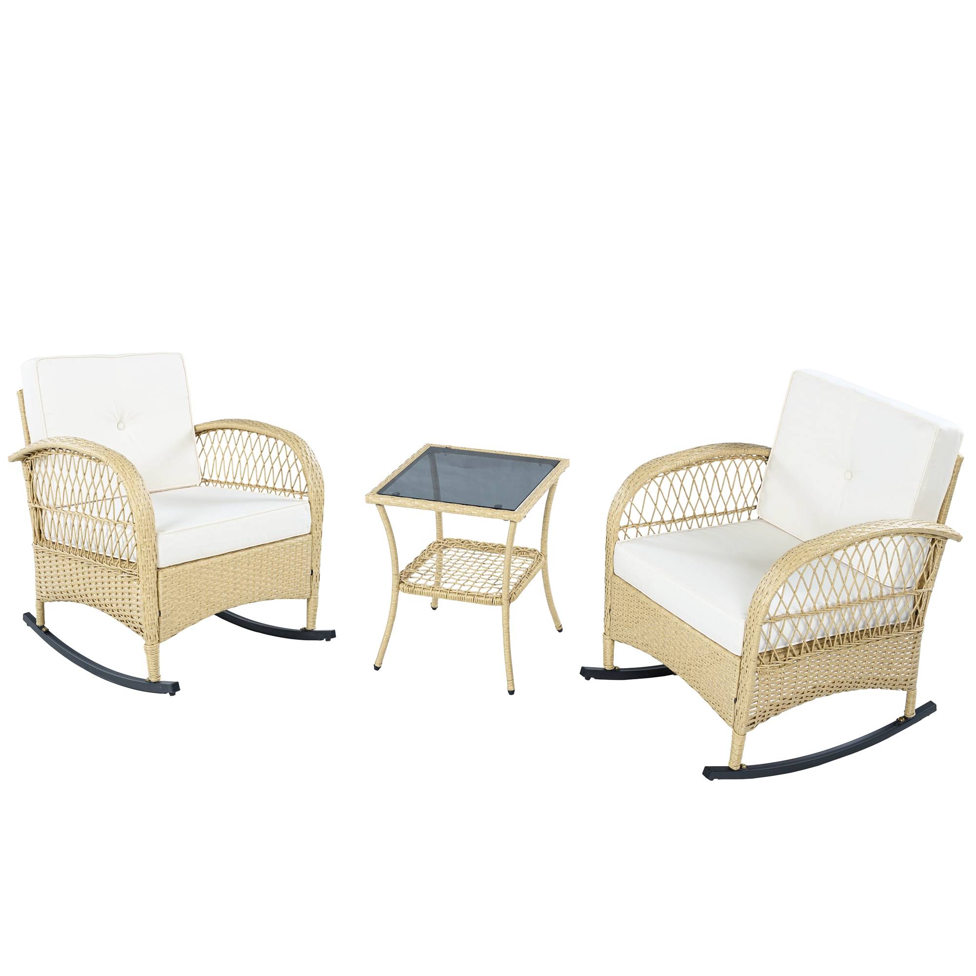 Salon de jardin 3 pièces résine tressée balcon terrasse fauteuils à bascule beige - ComfortXL Outdoor Living - Image 2