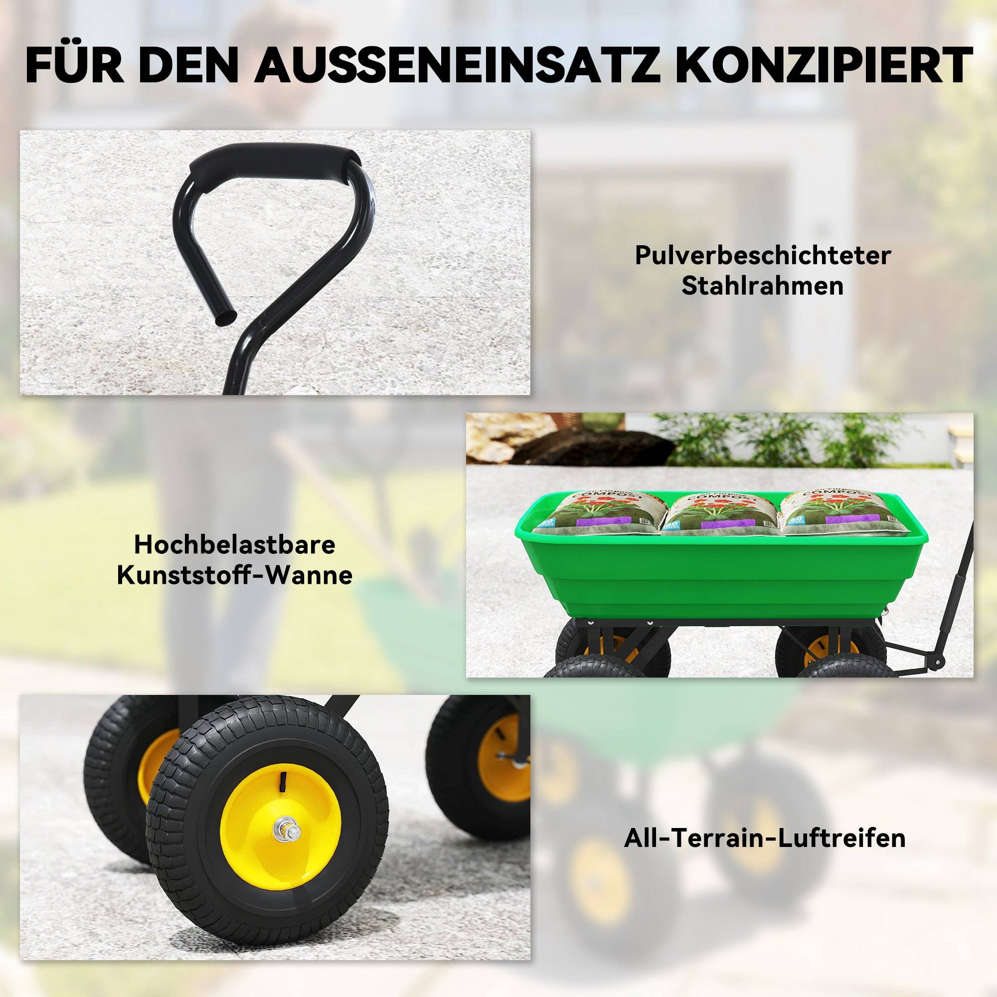 ComfortXL - Chariot de jardin acier et plastique 75 L vert foncé charge 200 kg benne basculante roues gonflables - Image 5