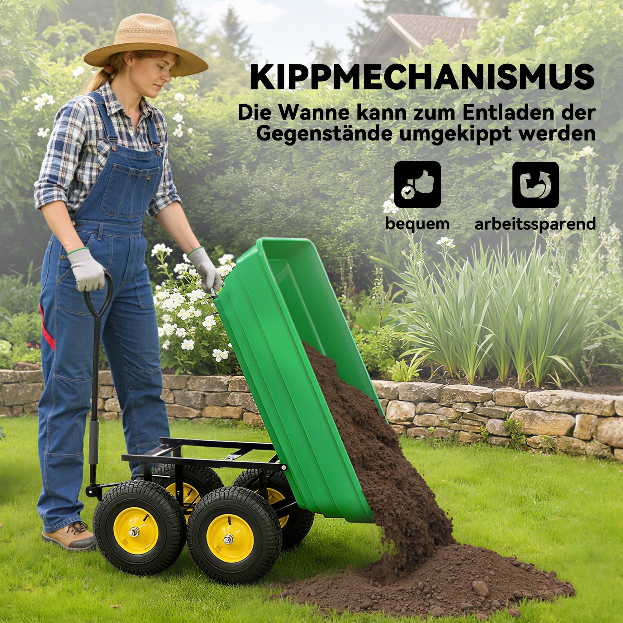 ComfortXL - Chariot de jardin acier et plastique 75 L vert foncé charge 200 kg benne basculante roues gonflables - Image 4