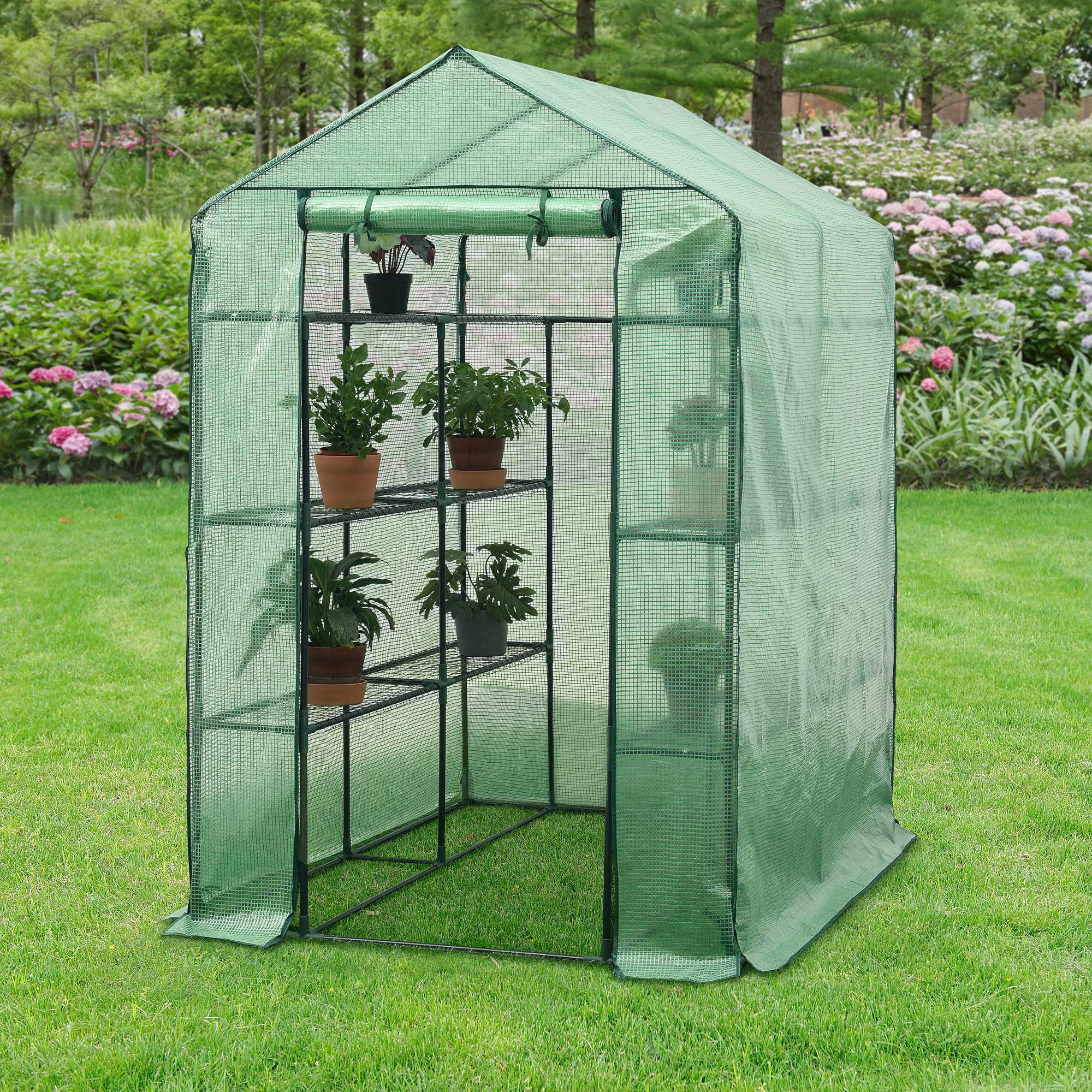 Serre de jardin Vale en acier et polyéthylène avec étagères intégrées 120 x 170 x 194 cm vert [en.casa] - Image 2