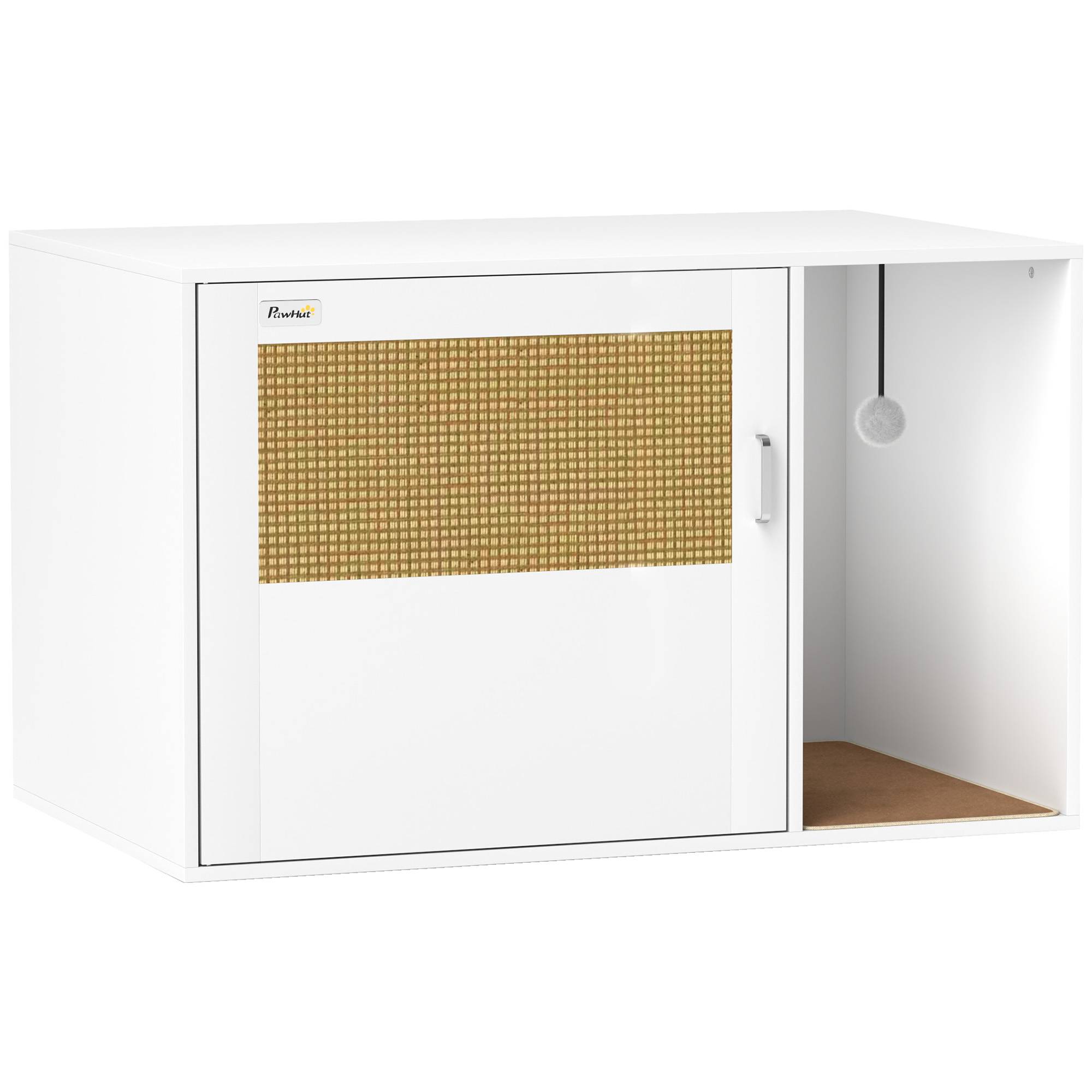Maison de toilette chat meuble litière pour chat tapis griffoir porte avec poignées style bohème 80 x 50 x 50 cm blanc - Image 2