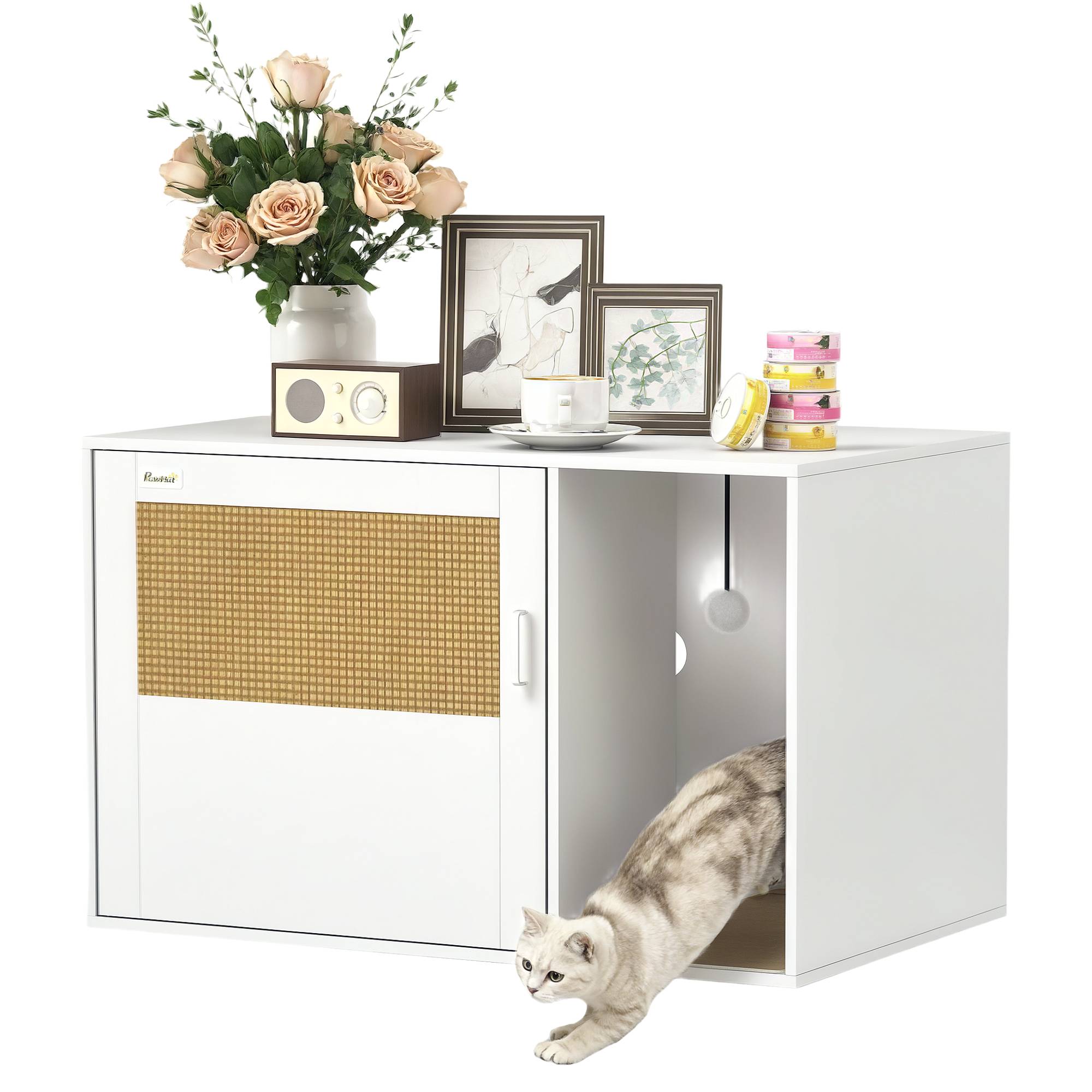 Maison de toilette chat meuble litière pour chat tapis griffoir porte avec poignées style bohème 80 x 50 x 50 cm blanc