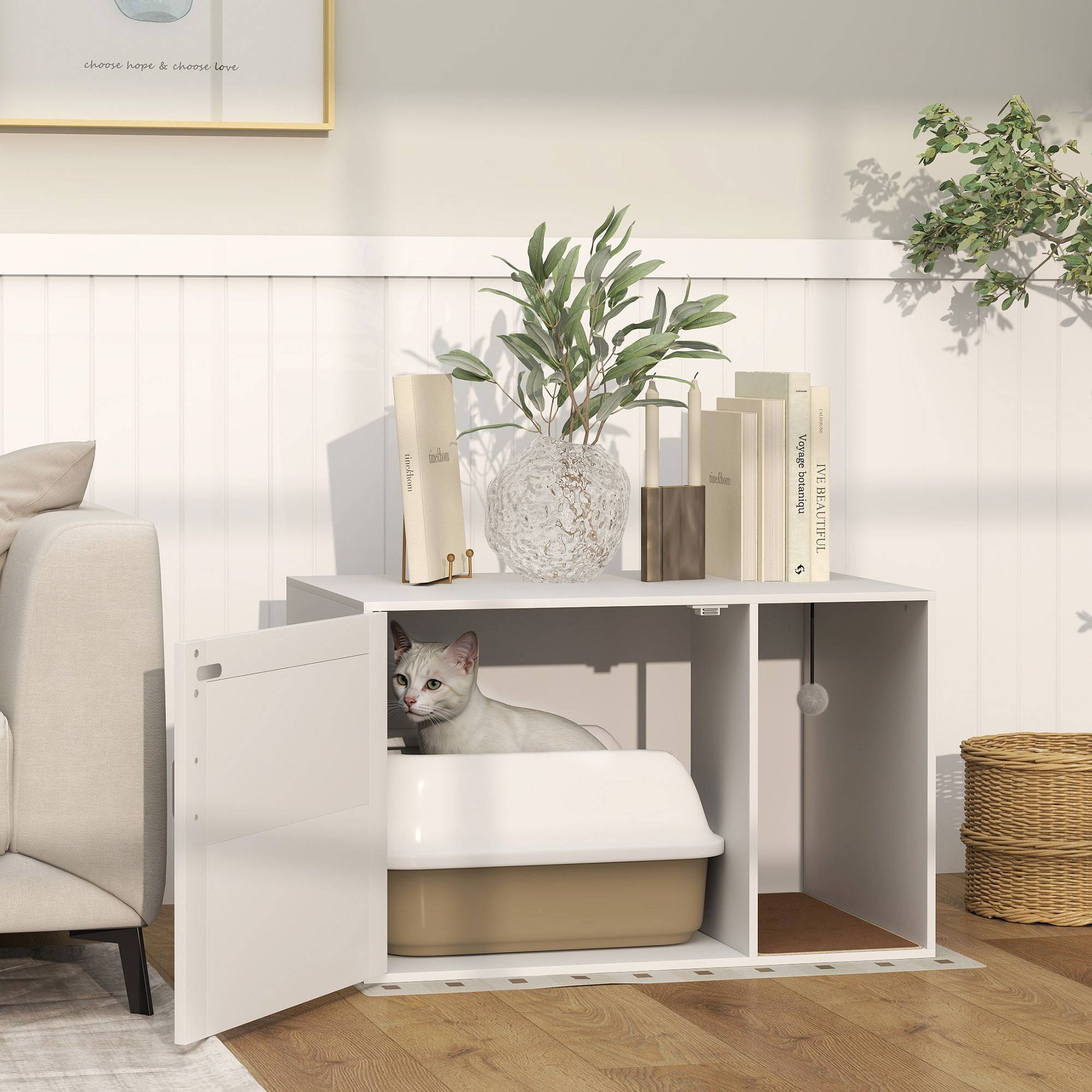 Maison de toilette chat meuble litière pour chat tapis griffoir porte avec poignées style bohème 80 x 50 x 50 cm blanc - Image 3