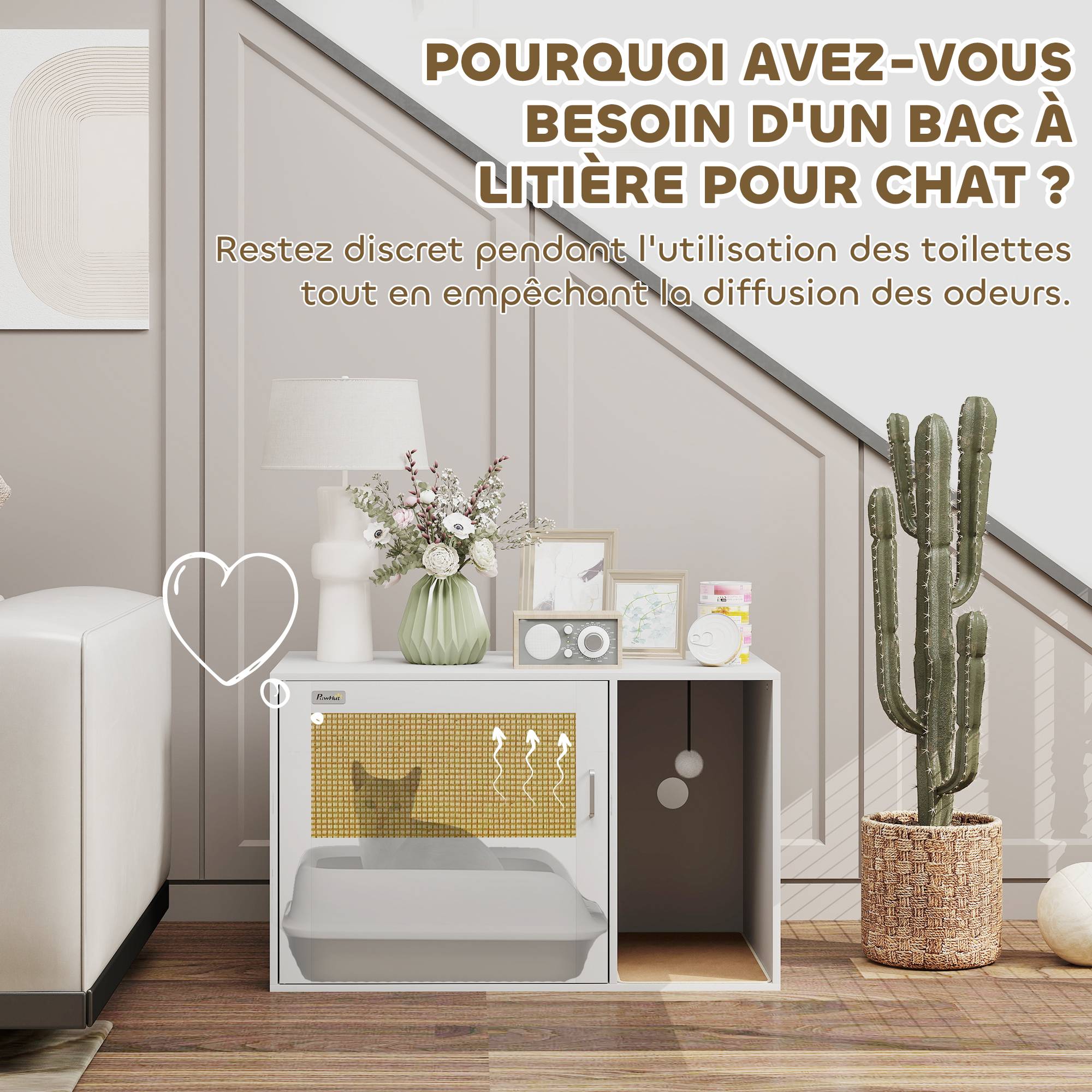 Maison de toilette chat meuble litière pour chat tapis griffoir porte avec poignées style bohème 80 x 50 x 50 cm blanc - Image 7